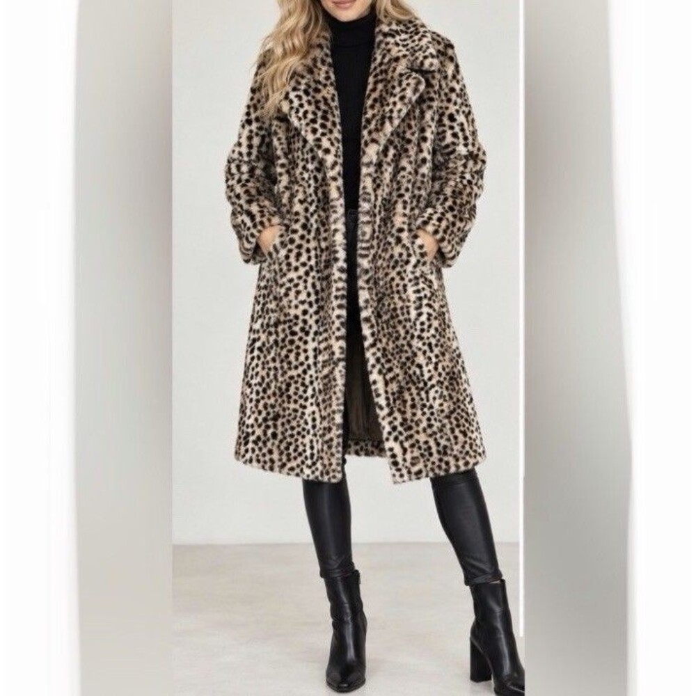 Stoosh Faux Fur Midi Coat Women’s Animal Print Size Large Leopard Print